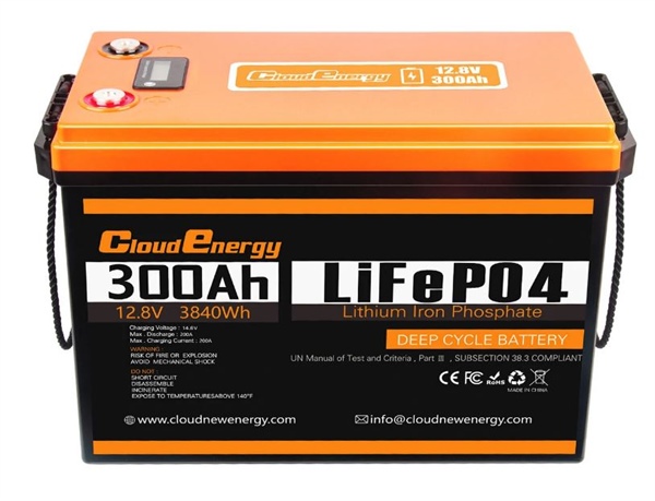 Pacco batterie al Litio LiFePO4 Cloudenergy 12V 300Ah con 3.84kWh di potenza di backup, oltre 6000 cicli di carica, BMS integrato da 200A