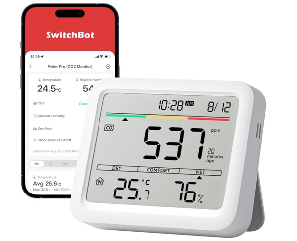 SwitchBot Meter Pro CO2 Rilevatore di CO2 per interni 6 in 1 ampio display monitora umidità e temperatura data e ora controllabile via APP