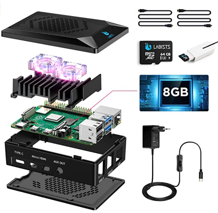 Labists Raspberry Pi 4 Starter Kit 8gb 64gb Alimentatore Tipo C 51v 3a 2 Micro Hdmi Lettore 2571